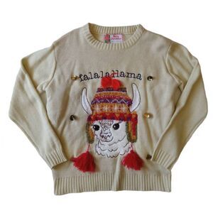 Falalallama Cream Beige Embellished Knit Ugly Christmas Sweater Women's Medium